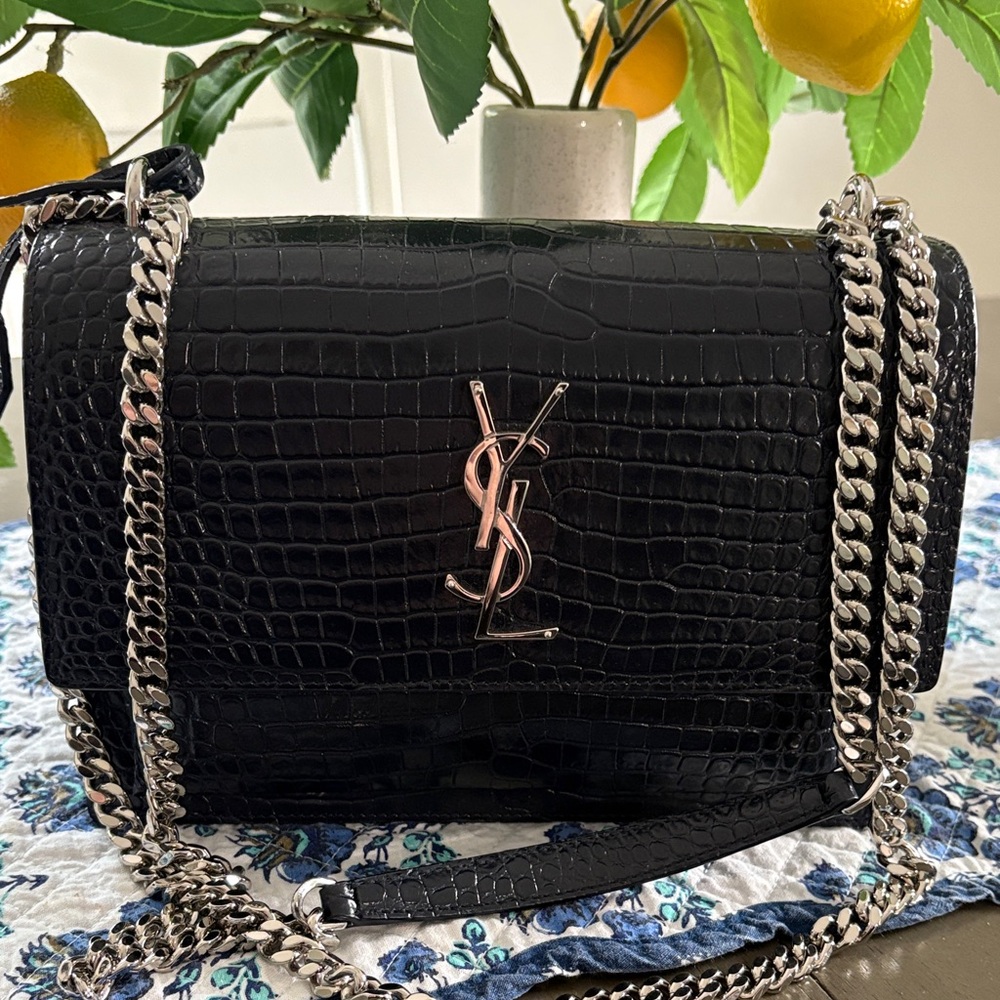 Yves Saint Laurent Black Croc-Embossed Shoulder Bag with Silver Chain